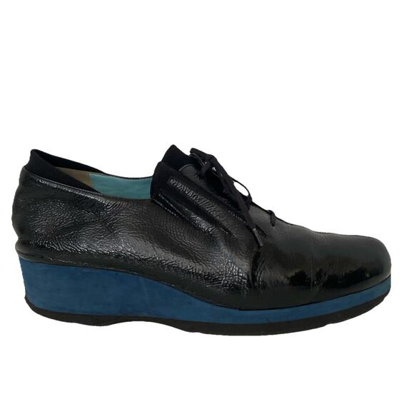 Thierry Rabotin Wedge Flat Platform Shoe Lace Up Black Patent Leather Round 41 - Picture 1 of 11
